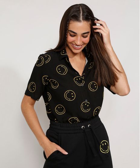 Camisa-Feminina-Estampada-Smiley-Manga-Curta-Preta-9977997-Preto_1