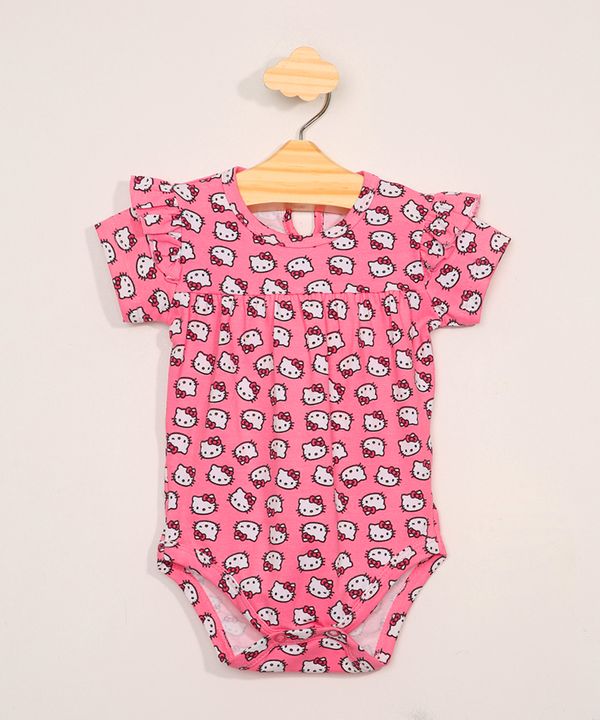 Body Infantil Manga Curta com Babado Estampado Hello Kitty Rosa 9-12