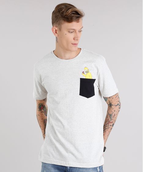 Camiseta Oxer Básica Mescla Raglan Masculina Camiseta Masculina Com Bolso Hommer Os Simpsons Manga Curta Gola Careca Cinza Mescla Claro Cea