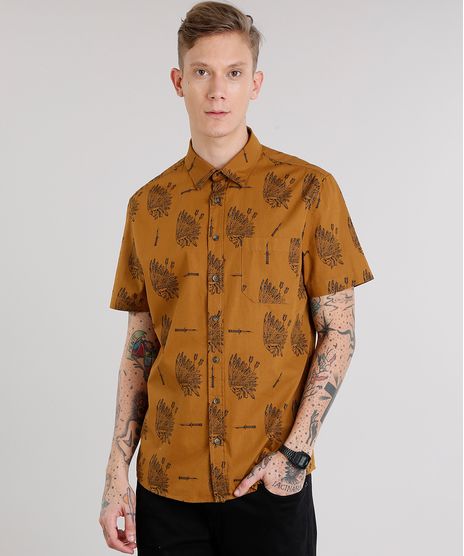 Camisa-Masculina-Estampada-Caveira-com-Bolso-Manga-Curta-Caramelo-8872859-Caramelo_1