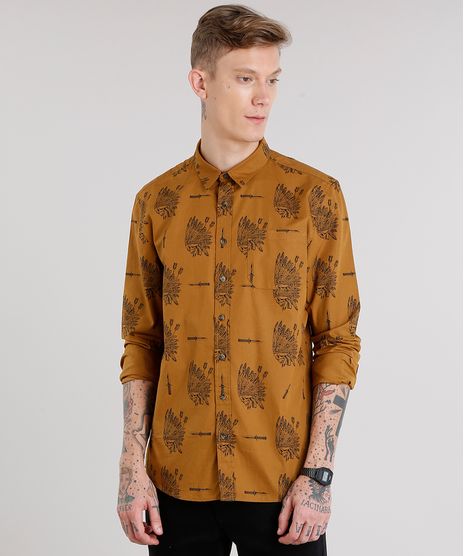 Camisa-Masculina-Estampada-Caveira-com-Bolso-Manga-Longa-Caramelo-8873904-Caramelo_1