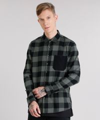 Camisa-Masculina-Xadrez-em-Flanela-com-Bolso-Manga-Longa-Verde-Militar-8623400-Verde_Militar_1