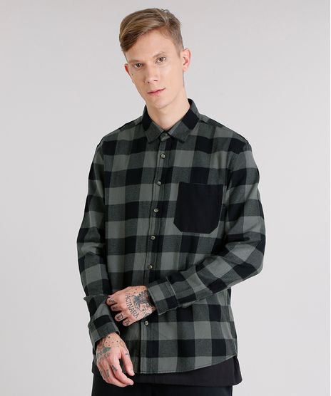 Camisa-Masculina-Xadrez-em-Flanela-com-Bolso-Manga-Longa-Verde-Militar-8623400-Verde_Militar_1