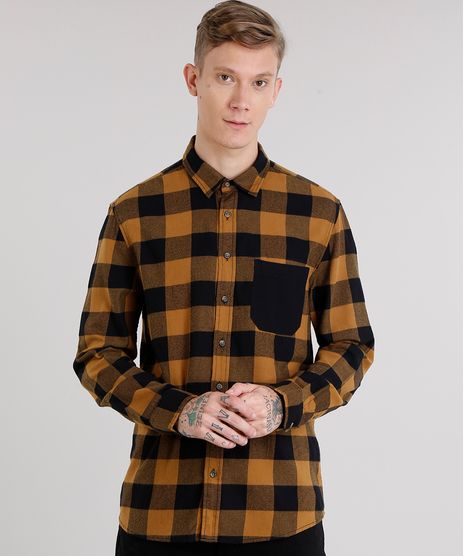 Camisa-Masculina-Xadrez-em-Flanela-com-Bolso-Manga-Longa-Caramelo-8623400-Caramelo_1