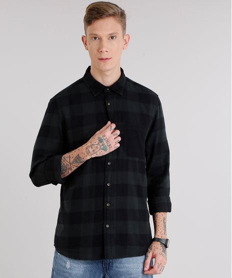 Camisa-Masculina-Xadrez-em-Flanela-com-Bolso-Manga-Longa-Verde-Escuro-8623400-Verde_Escuro_1