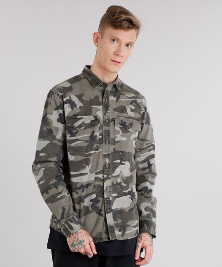 Camisa-Masculina-Estampada-Camuflada-com-Bolsos-Manga-Longa-Verde-Militar-8708025-Verde_Militar_1