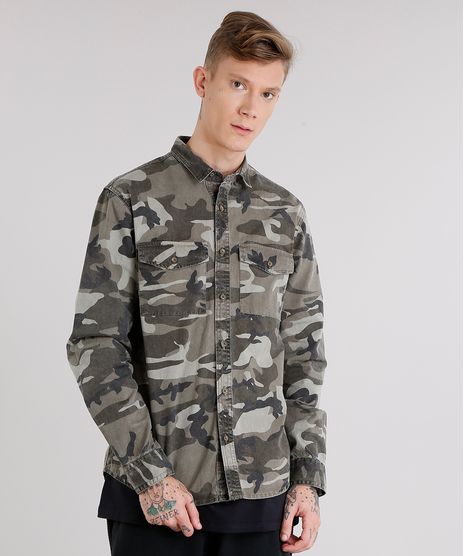 Camisa-Masculina-Estampada-Camuflada-com-Bolsos-Manga-Longa-Verde-Militar-8708025-Verde_Militar_1