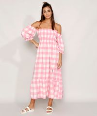 Vestido-Feminino-Midi-Ombro-a-Ombro-Estampado-Xadrez-Vichy-com-Lastex-e-Fenda-Manga-Bufante-Rosa-9982450-Rosa_1