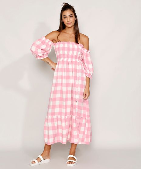 Vestido-Feminino-Midi-Ombro-a-Ombro-Estampado-Xadrez-Vichy-com-Lastex-e-Fenda-Manga-Bufante-Rosa-9982450-Rosa_1