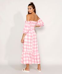 Vestido-Feminino-Midi-Ombro-a-Ombro-Estampado-Xadrez-Vichy-com-Lastex-e-Fenda-Manga-Bufante-Rosa-9982450-Rosa_2