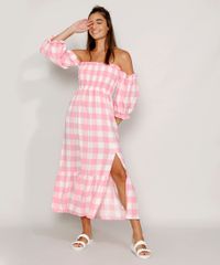 Vestido-Feminino-Midi-Ombro-a-Ombro-Estampado-Xadrez-Vichy-com-Lastex-e-Fenda-Manga-Bufante-Rosa-9982450-Rosa_3