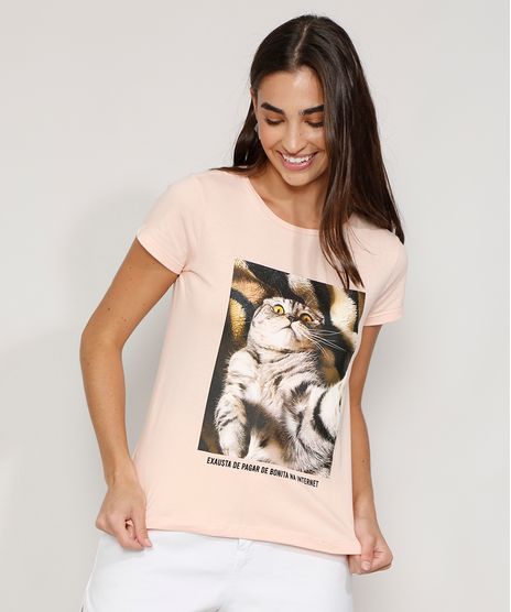 Camiseta-Feminina-Manga-Curta-Gato--Exausta--Decote-Redondo-Rose-9981915-Rose_1