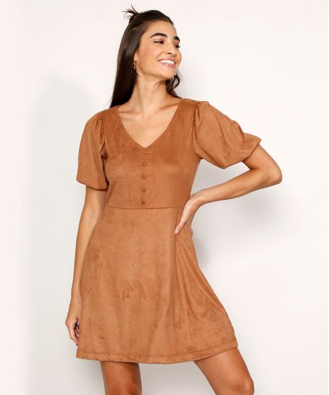 Vestido-de-Suede-Feminino-Curto-Evase-com-Botoes-Manga-Bufante-Caramelo-9975372-Caramelo_1