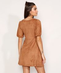 Vestido-de-Suede-Feminino-Curto-Evase-com-Botoes-Manga-Bufante-Caramelo-9975372-Caramelo_2