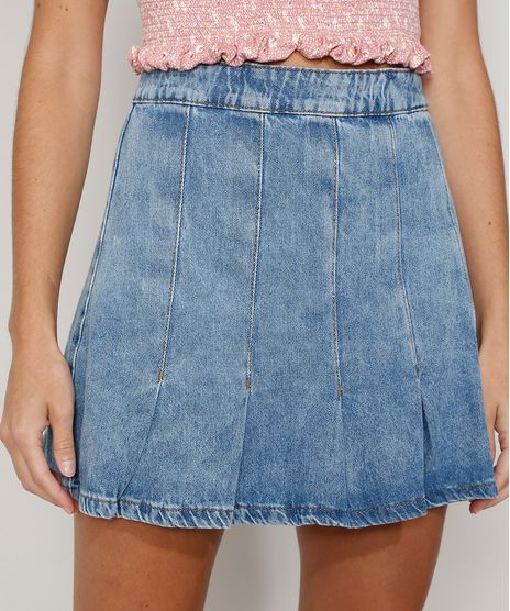 Saia-Jeans-Feminina-Curta-Marmorizada-com-Pregas-Azul-Medio-9982410-Azul_Medio_1