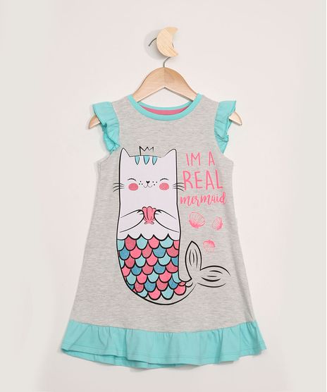 Camisola-Infantil-Manga-Curta-Gato-Sereia-com-Glitter-Cinza-Mescla-9966419-Cinza_Mescla_1