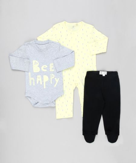 Conjunto-Infantil-de-Macacao-Estampado-de-Abelhas-Amarelo-Claro---Body-Manga-Longa-Cinza-Mescla---Calca-com-Pezinho-em-Algodao---Sustentavel-Preta-8922138-Preto_1