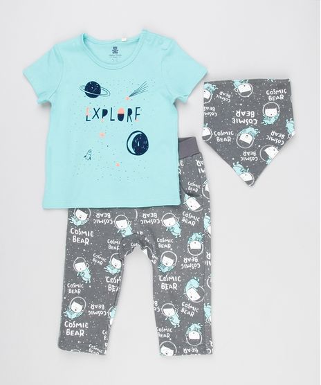 Conjunto-Infantil-de-Camiseta-Manga-Curta-Verde---Calca-Estampada-de-Ursos---Babador-em-Algodao---Sustentavel-Chumbo-8908965-Chumbo_1