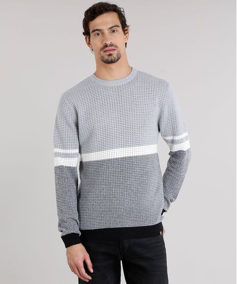 Sueter-Masculino-Bicolor-com-Listras-em-Trico-Gola-Redonda-Manga-Longa-Cinza-Mescla-8851858-Cinza_Mescla_1
