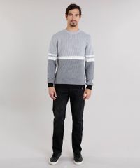 Sueter-Masculino-Bicolor-com-Listras-em-Trico-Gola-Redonda-Manga-Longa-Cinza-Mescla-8851858-Cinza_Mescla_3
