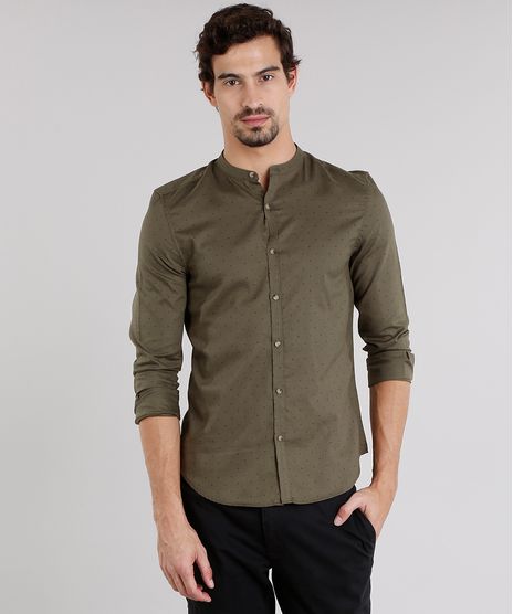 Camisa-Masculina-Slim-Estampada-com-Gola-Padre-Manga-Longa-Verde-Militar-8908876-Verde_Militar_1