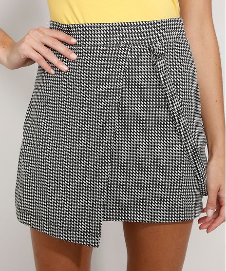 Saia-Feminina-Curta-Estampada-Pied-de-Poule-com-Sobreposicao-e-Faixa-Preta-9977360-Preto_1