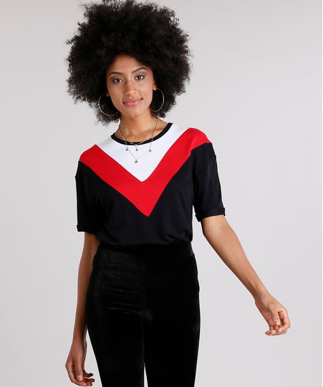 Blusa-Feminina-com-Recortes-Contrastantes-Manga-Curta-Decote-Redondo-Preta-9186642-Preto_1
