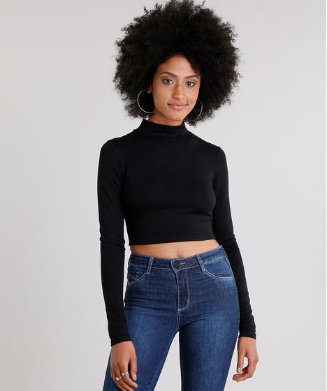 Blusa Feminina Cropped Gola Alta Manga Longa Preta Cea
