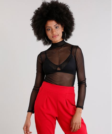 Blusa Feminina Em Tule Gola Alta Manga Longa Preta Cea