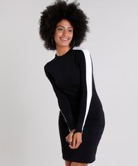 Vestido-Feminino-com-Listras-Laterais-Manga-Longa-Decote-Redondo-Preto-9154250-Preto_1