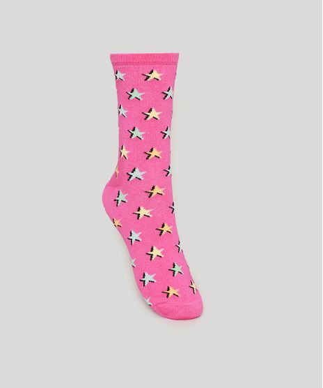 Meia-Feminina-Cano-Alto-Estampada-de-Estrelas-Rosa-9976576-Rosa_1