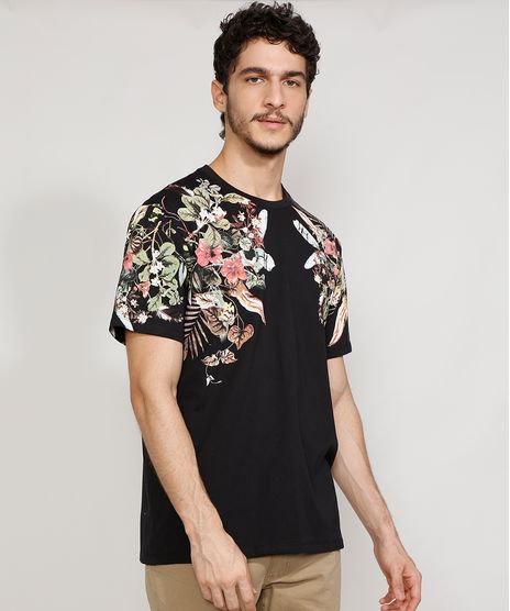 Camiseta-Masculina-Manga-Curta-com-Estampa-Floral-Gola-Careca-Preta-9980968-Preto_1