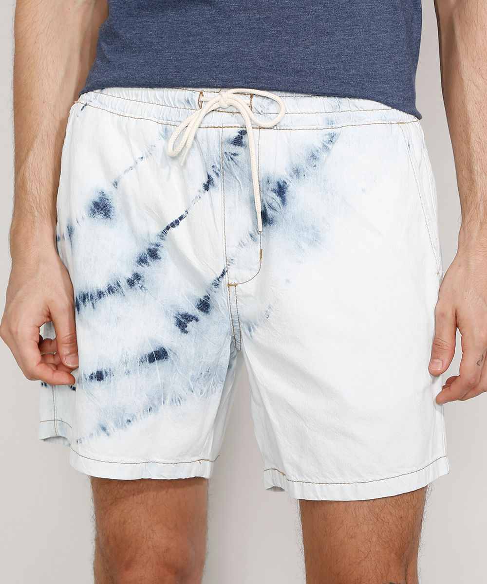 Short Jeans Masculino Tie Dye com Cordão Azul Claro