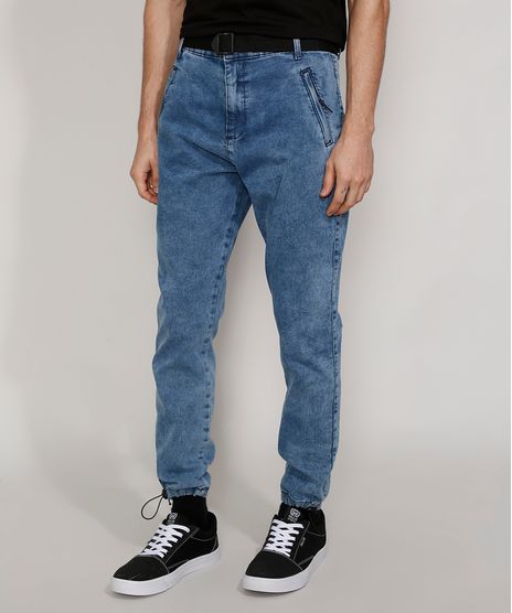 Calca-Jeans-Masculina-Jogger-Slim-Marmorizada-com-Cinto-e-Bolso-de-Ziper-Azul-Medio-9981200-Azul_Medio_1