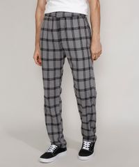 Calca-de-Flanela-Masculina-Reta-Estampada-Xadrez-com-Bolsos-Chumbo-9984638-Chumbo_1