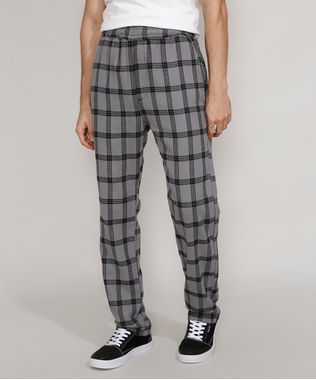 Calca-de-Flanela-Masculina-Reta-Estampada-Xadrez-com-Bolsos-Chumbo-9984638-Chumbo_1