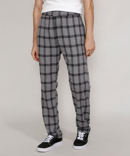 Calca-de-Flanela-Masculina-Reta-Estampada-Xadrez-com-Bolsos-Chumbo-9984638-Chumbo_1