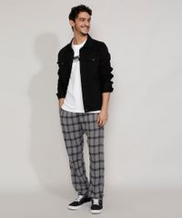 Calca-de-Flanela-Masculina-Reta-Estampada-Xadrez-com-Bolsos-Chumbo-9984638-Chumbo_3