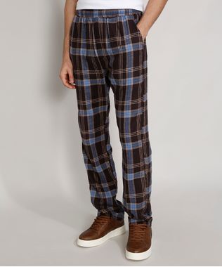 Calca-de-Flanela-Masculina-Reta-Estampada-Xadrez-com-Bolsos-Preta-9984637-Preto_1
