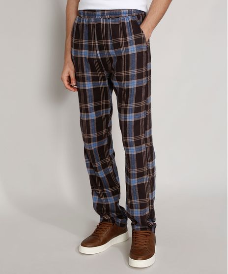 Calca-de-Flanela-Masculina-Reta-Estampada-Xadrez-com-Bolsos-Preta-9984637-Preto_1