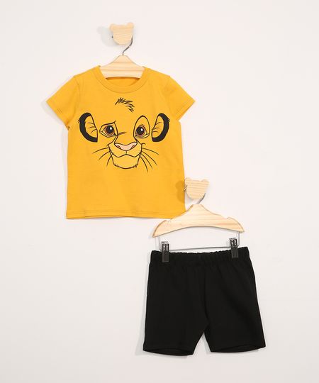 Conjunto-Infantil-de-Camiseta-Manga-Curta-Simba-Mostarda---Bermuda-de-Moletom-com-Bolsos-Preto-9975701-Preto_1