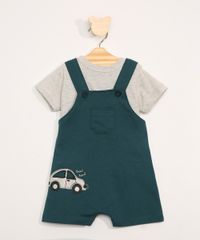 Conjunto-Infantil-de-Camiseta-Manga-Curta-Cinza-Mescla---Jardineira-de-Moletom-com-Bolsos-Verde-Escuro-9967602-Verde_Escuro_1