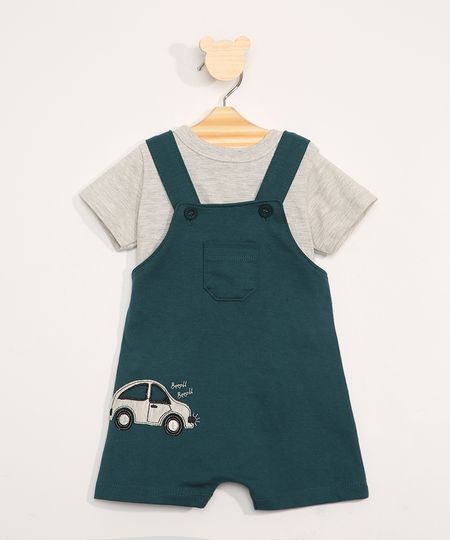 Conjunto-Infantil-de-Camiseta-Manga-Curta-Cinza-Mescla---Jardineira-de-Moletom-com-Bolsos-Verde-Escuro-9967602-Verde_Escuro_1