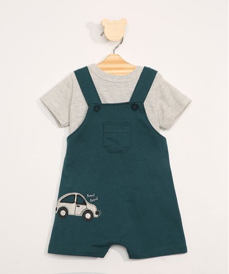 Conjunto-Infantil-de-Camiseta-Manga-Curta-Cinza-Mescla---Jardineira-de-Moletom-com-Bolsos-Verde-Escuro-9967602-Verde_Escuro_1
