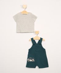 Conjunto-Infantil-de-Camiseta-Manga-Curta-Cinza-Mescla---Jardineira-de-Moletom-com-Bolsos-Verde-Escuro-9967602-Verde_Escuro_3