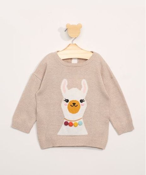 Sueter-de-Trico-Infantil-Lhama-com-Bordado-e-Pompom-Bege-9794874-Bege_1
