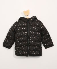 Jaqueta-Puffer-de-Nylon-Infantil-Estampada-de-Estrelas-Metalizadas-com-Capuz-Preta-9966641-Preto_1