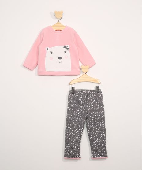 Conjunto-Infantil-de-Blusa-de-Fleece-Urso-Polar-Rosa---Calca-Estampada-Floral-Cinza-9842862-Cinza_1