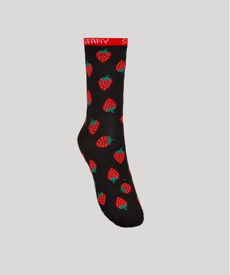 Meia-Feminina-Cano-Alto-Estampada-de-Morangos-Preta-9976571-Preto_1