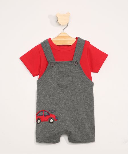 Conjunto-Infantil-de-Camiseta-Manga-Curta-Vermelha---Jardineira-de-Moletom-Carrinho-com-Bolsos-Cinza-Mescla-9967602-Cinza_Mescla_1